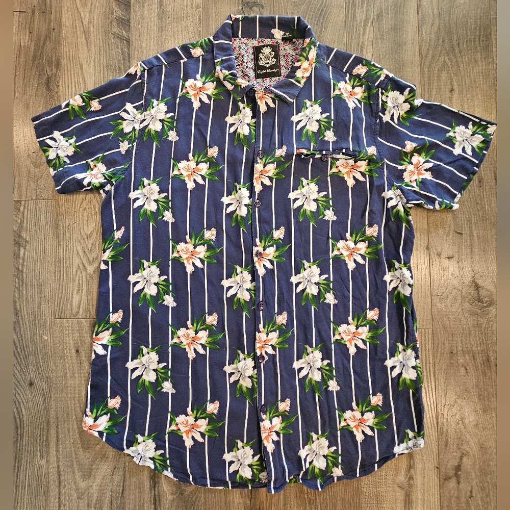 Men's XL Button Down Striped Floral‎ Blue Shirt Lightweight Summer Closet Staple